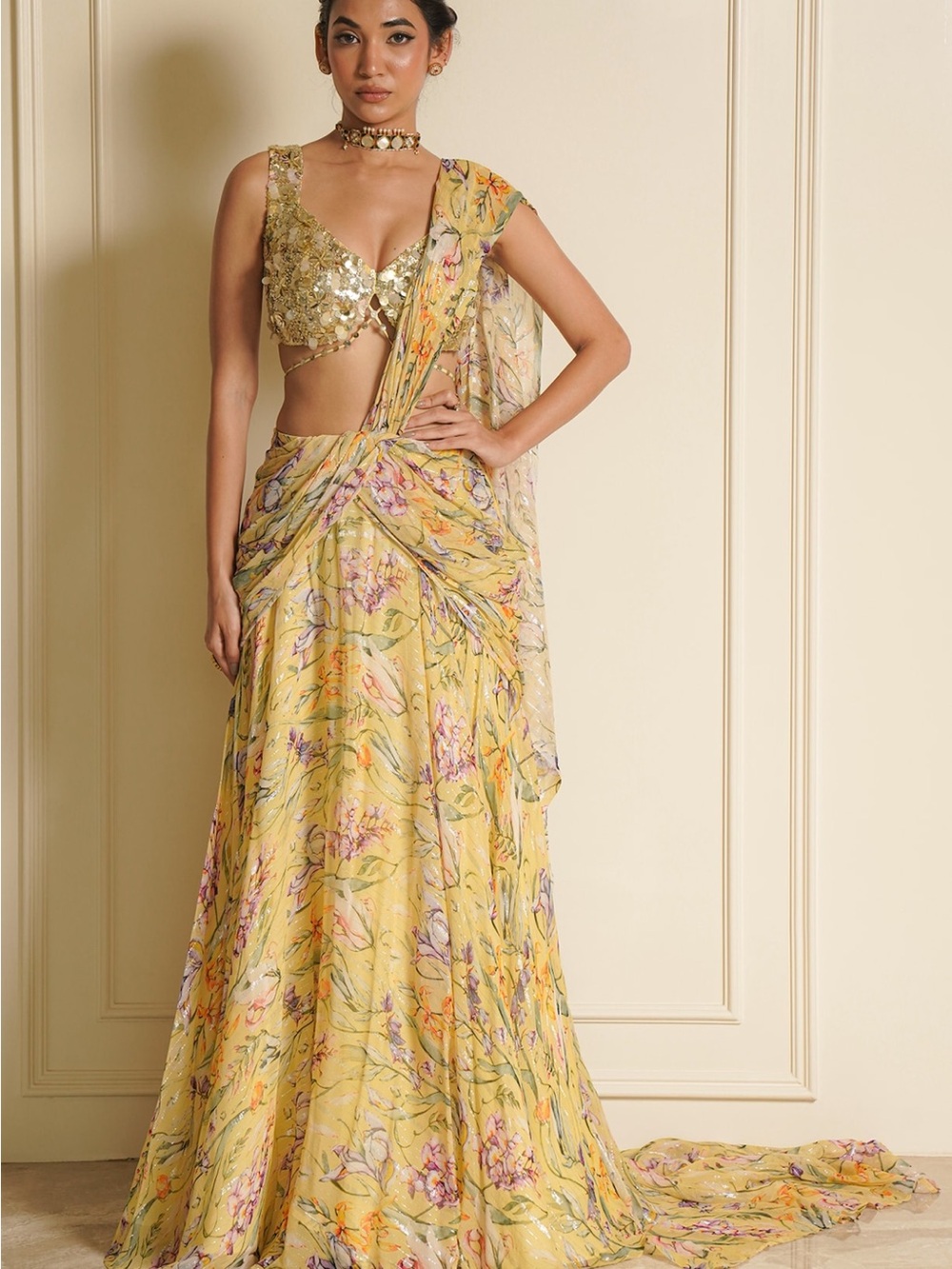 NWOT size Large yellow chiffon ready to wear saree